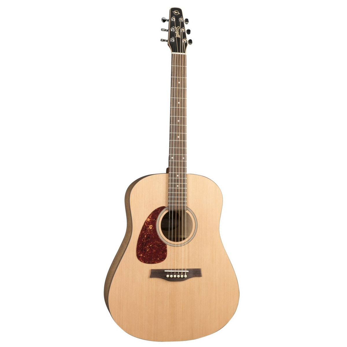 Left-handed Seagull S6 Original QI acoustic guitar showing the body and fretboard, with a natural wood finish and traditional design.