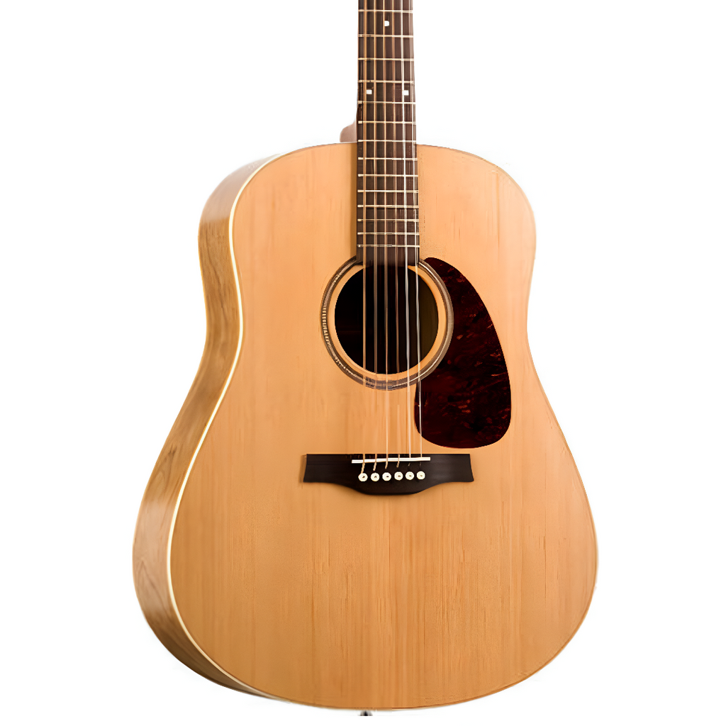 Seagull S6 Original Slim QI acoustic guitar with a natural wood finish, showcasing its slim body and classic design.