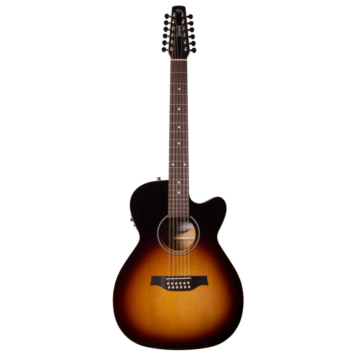 Seagull S12 CH CW Spruce GT acoustic guitar with pickup in sunburst finish, featuring a cutaway body and detailed wood grain.