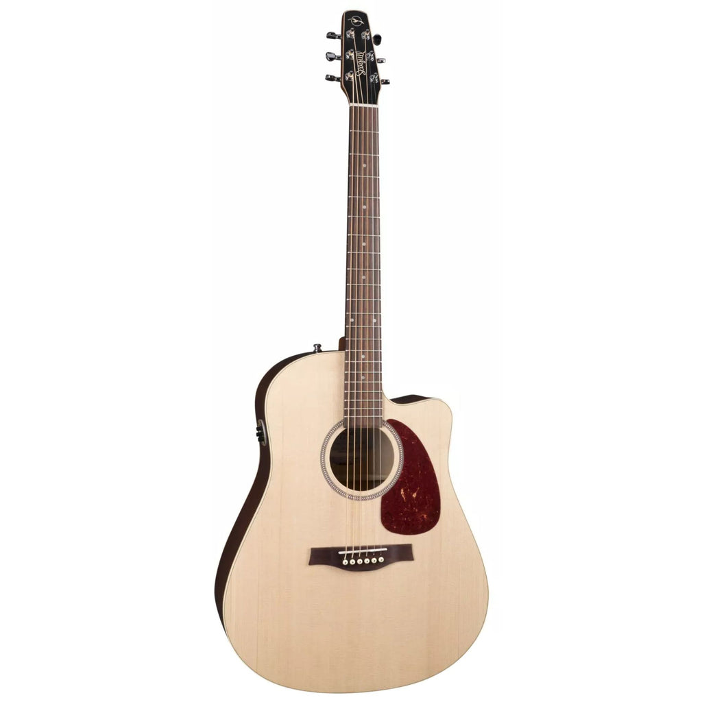 Seagull Coastline S6 Slim CW spruce acoustic guitar with pickup and carrying bag, showcasing its slim body and natural wood finish.