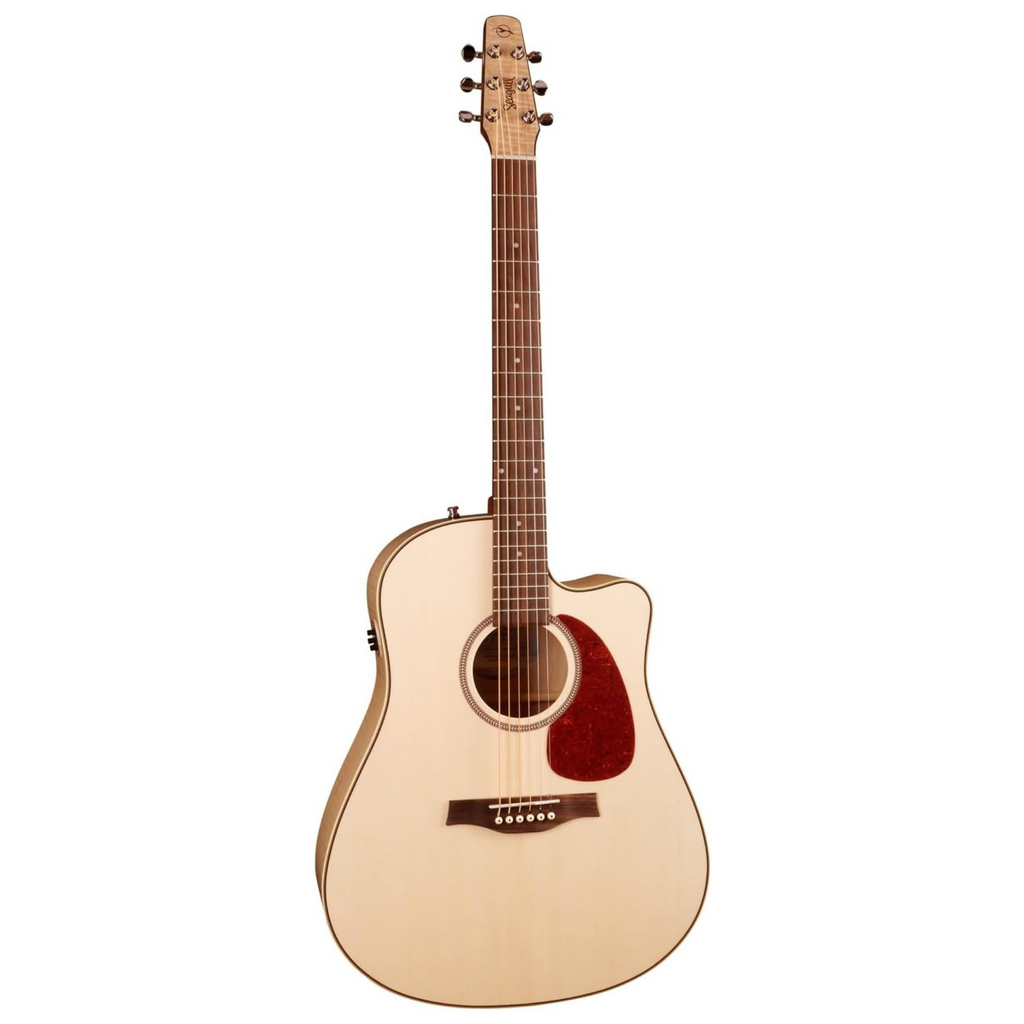 Seagull Performer CW Flame Maple QIT acoustic guitar with a natural finish, featuring a flame maple top and included carrying bag.