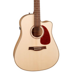 Seagull Performer CW Flame Maple QIT acoustic guitar with cutaway body and maple finish, shown with its padded gig bag.