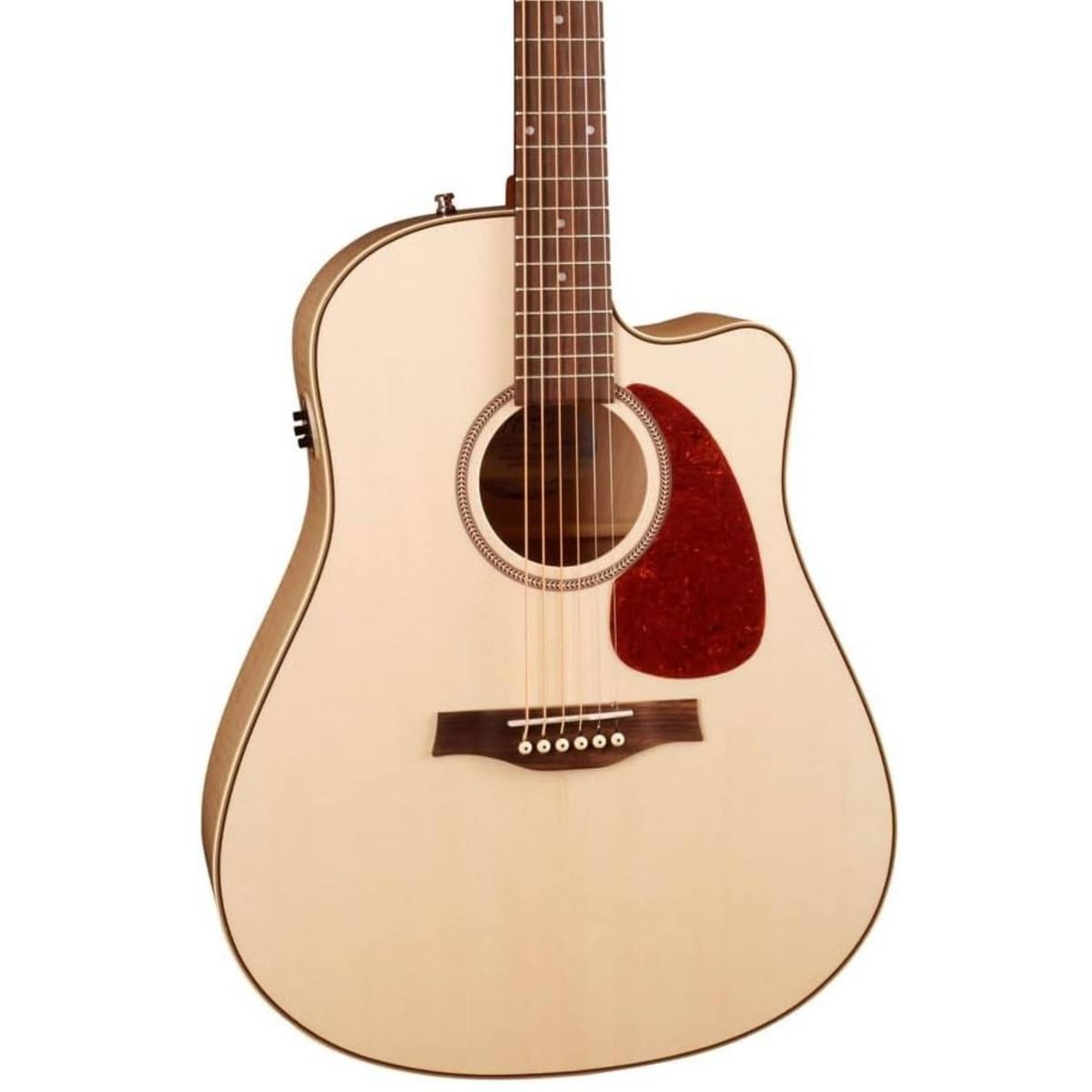 Seagull Performer CW Flame Maple QIT acoustic guitar with cutaway body and maple finish, shown with its padded gig bag.