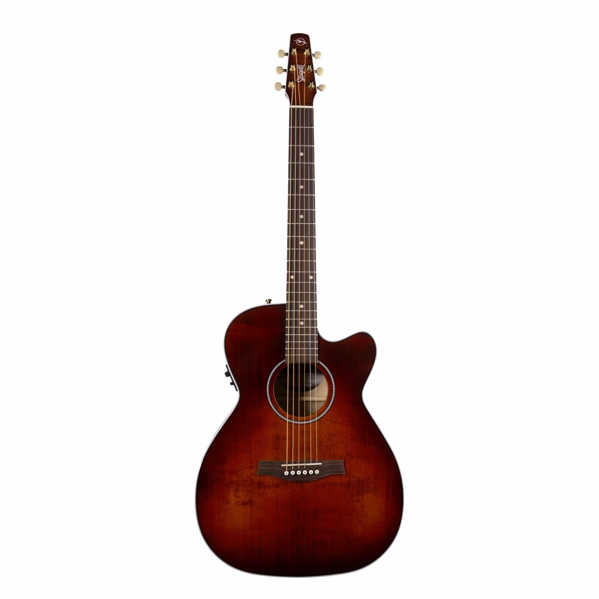 Seagull Performer CW CH Burnt Umber HG acoustic guitar with pickup and carrying bag, showing the body and neck of the instrument.