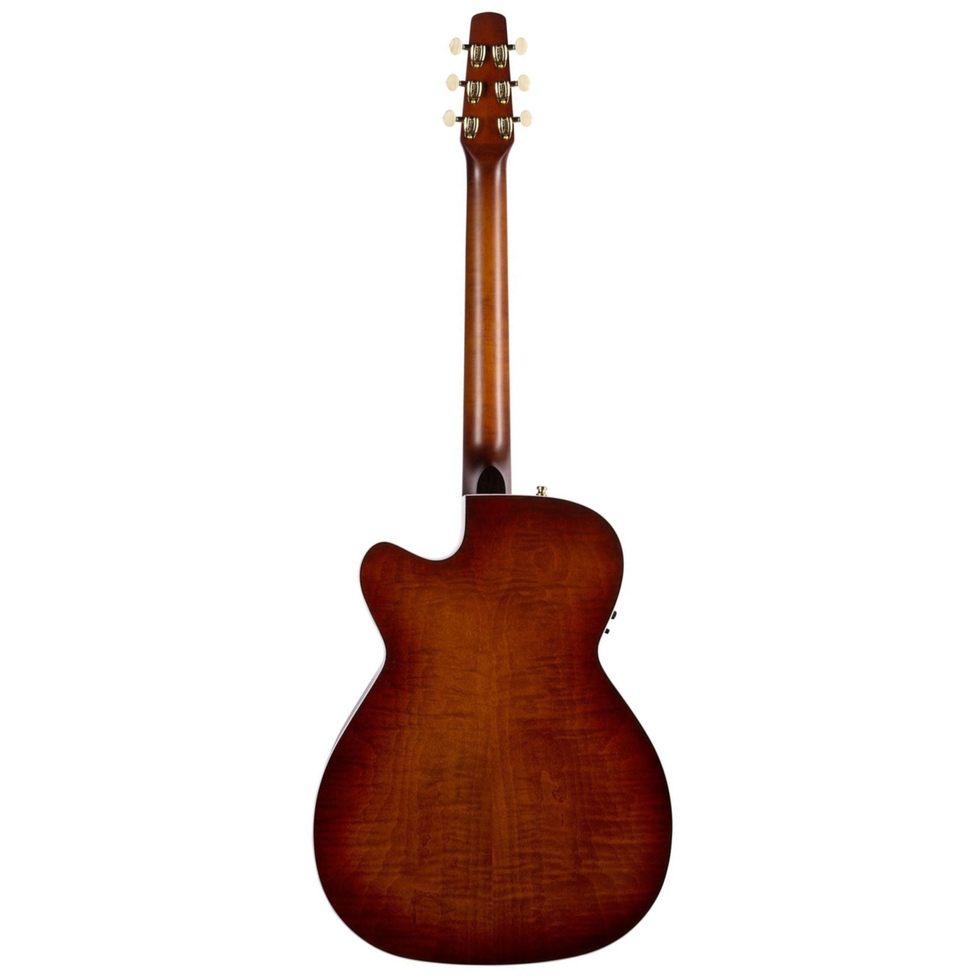 Seagull Performer CW CH Burnt Umber HG acoustic guitar with pickup and carrying bag, showcasing its body and neck design.