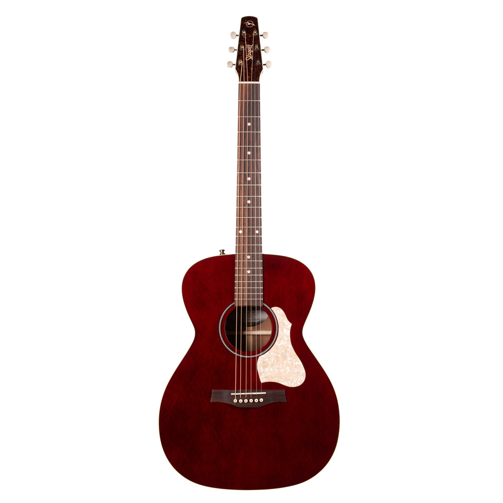 Seagull M6 LTD Ruby Red CH EQ acoustic guitar with a glossy red finish and cutaway body, showcasing its sleek design and wood grain.