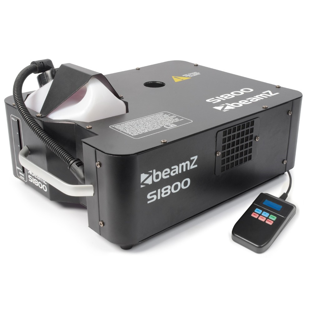 Beamz S1800 DMX Smoke Machine with 1800W power, showing the black rectangular device with control panel and output nozzle.
