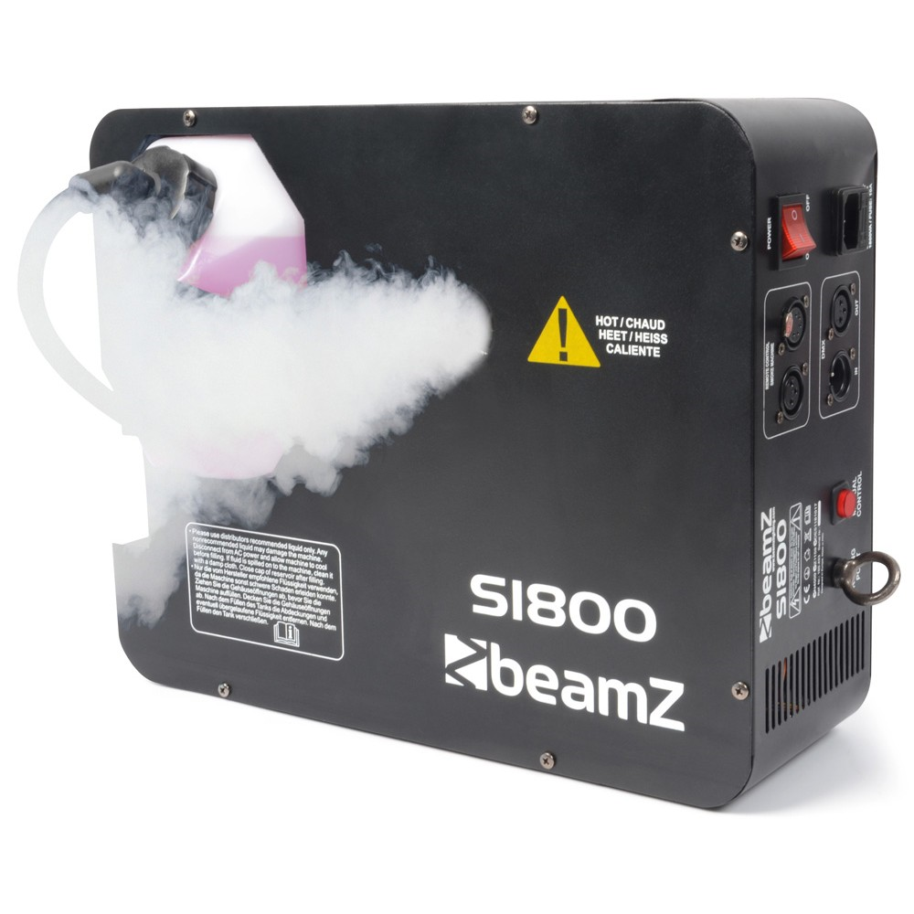 Beamz S1800 DMX 1800W smoke machine with control panel and smoke output nozzle for creating atmospheric effects.