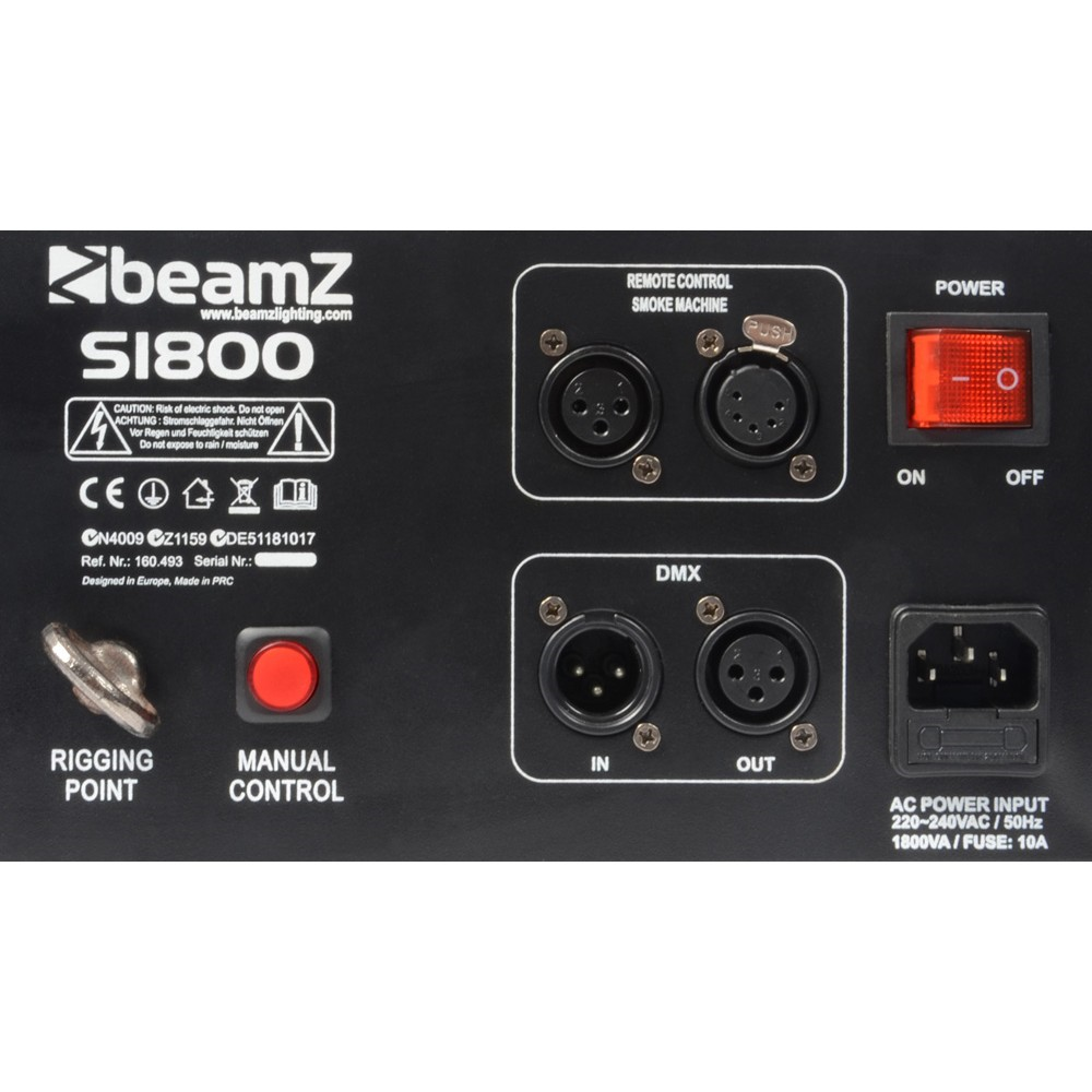 Beamz S1800 DMX 1800W smoke machine producing thick fog for stage and event lighting effects.