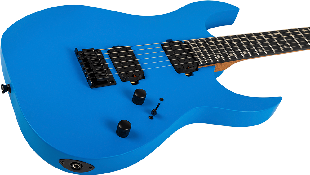 Spira S-400 MBL HH electric guitar with satin blue finish and ebony fretboard, showcasing sleek body and hardware details.