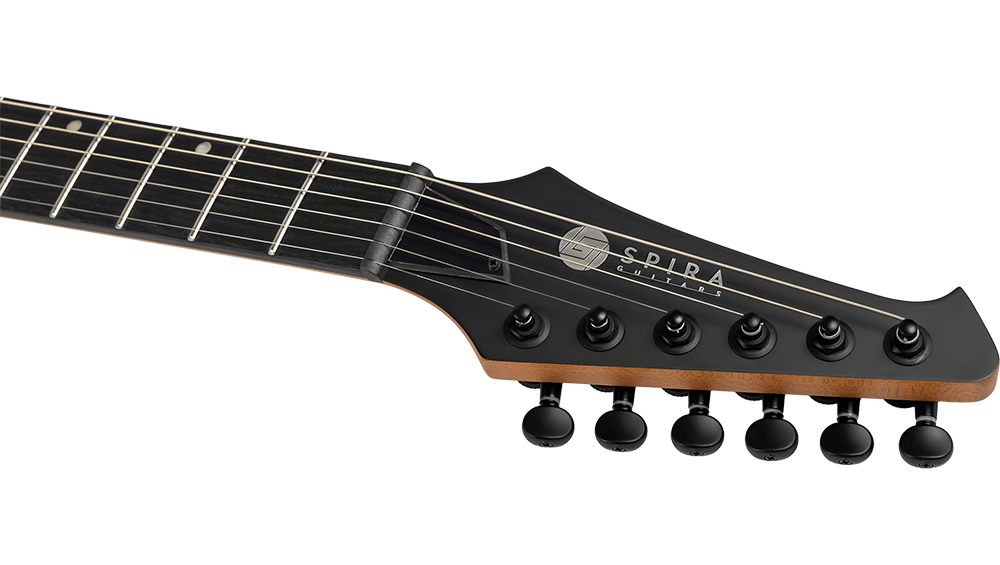 Spira S-400 MBL HH electric guitar with satin blue finish, ebony fretboard and double humbucker pickups, shown from a side angle.