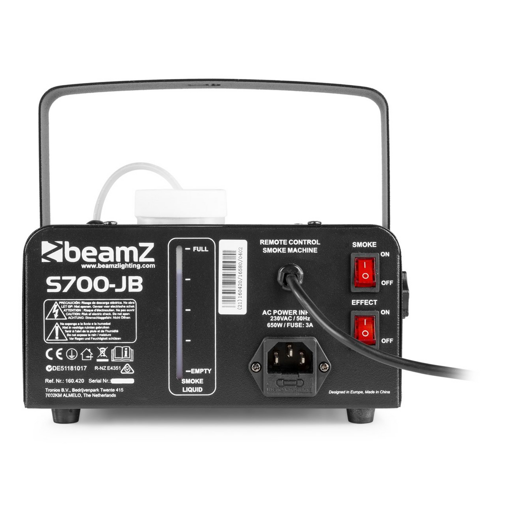 Beamz S700-JB smoke machine with LED jelly ball, 700W atmospheric machine with colorful light effects.
