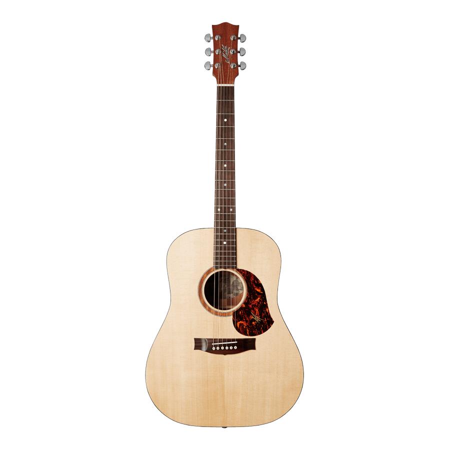 Maton SRS Series S70 dreadnought acoustic guitar in natural satin finish, showcasing its wood grain and smooth body contours.