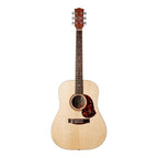 Maton SRS Series S70 dreadnought acoustic guitar in natural satin finish, showcasing its wood grain and smooth body contours.