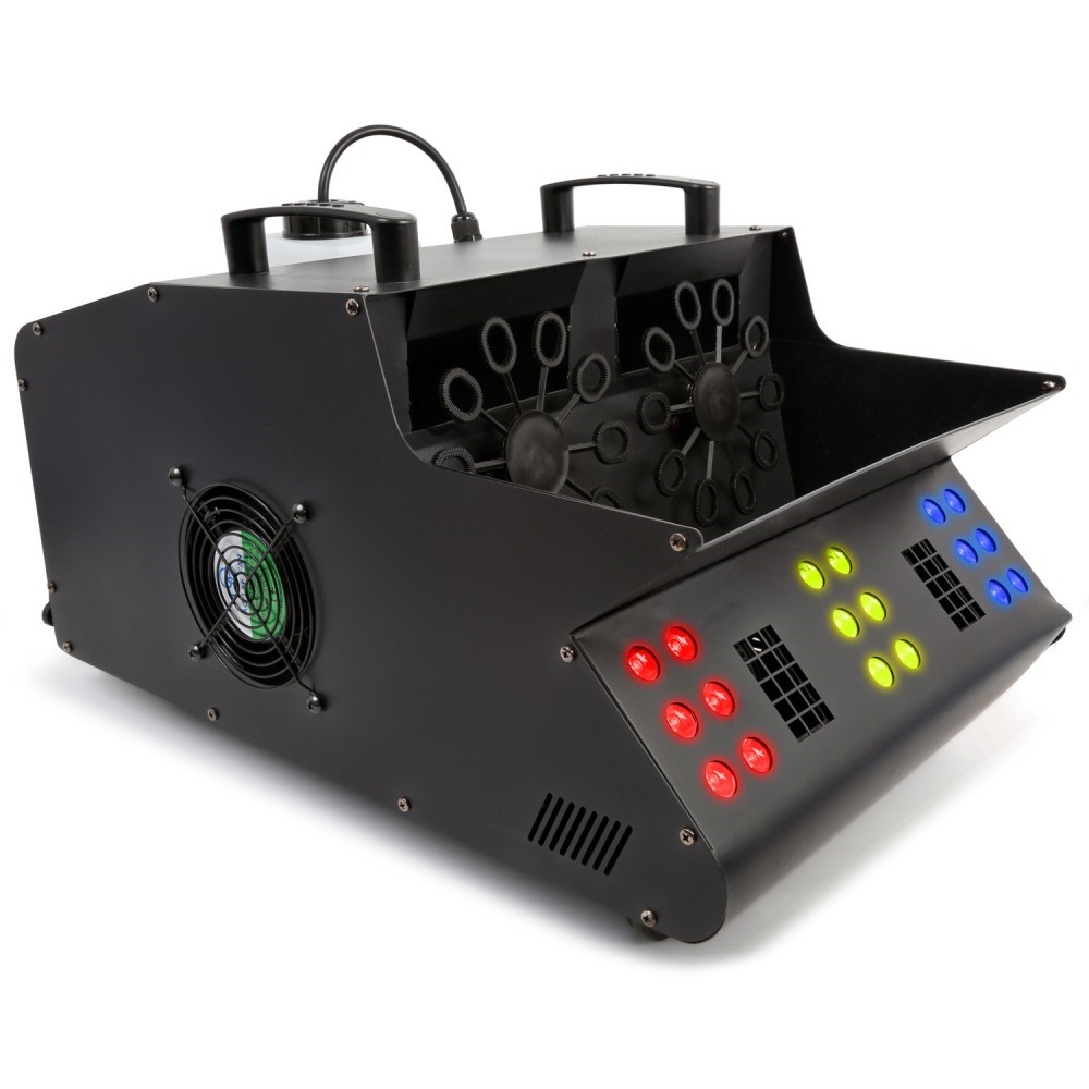 Beamz SB2000-LED smoke and bubble machine with LED wash lights, compact atmospheric machine for special effects.
