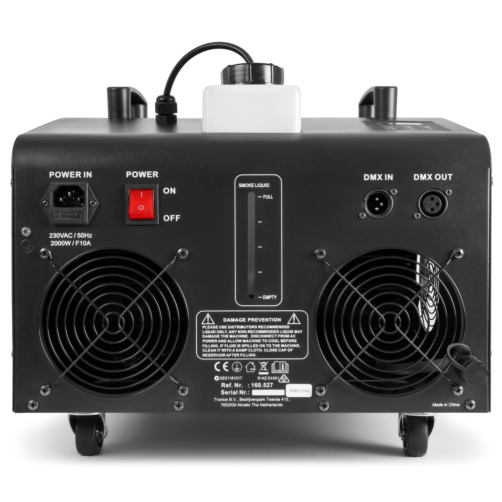 Beamz SB2000-LED smoke and bubble machine with LED wash, featuring multiple nozzles and control panel for atmospheric effects.