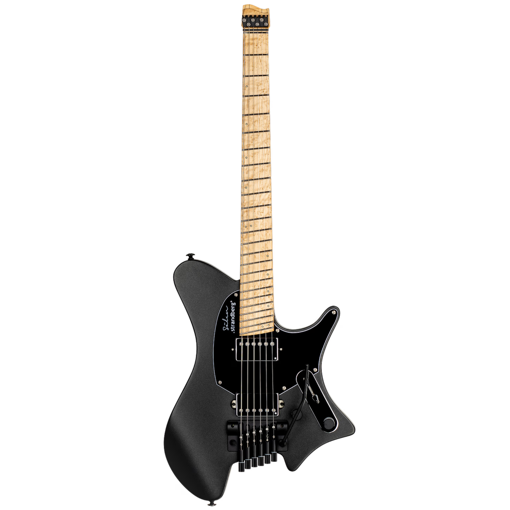 Black Strandberg Salen Classic 6 tremolo electric guitar with sleek body and modern design, shown from the front.