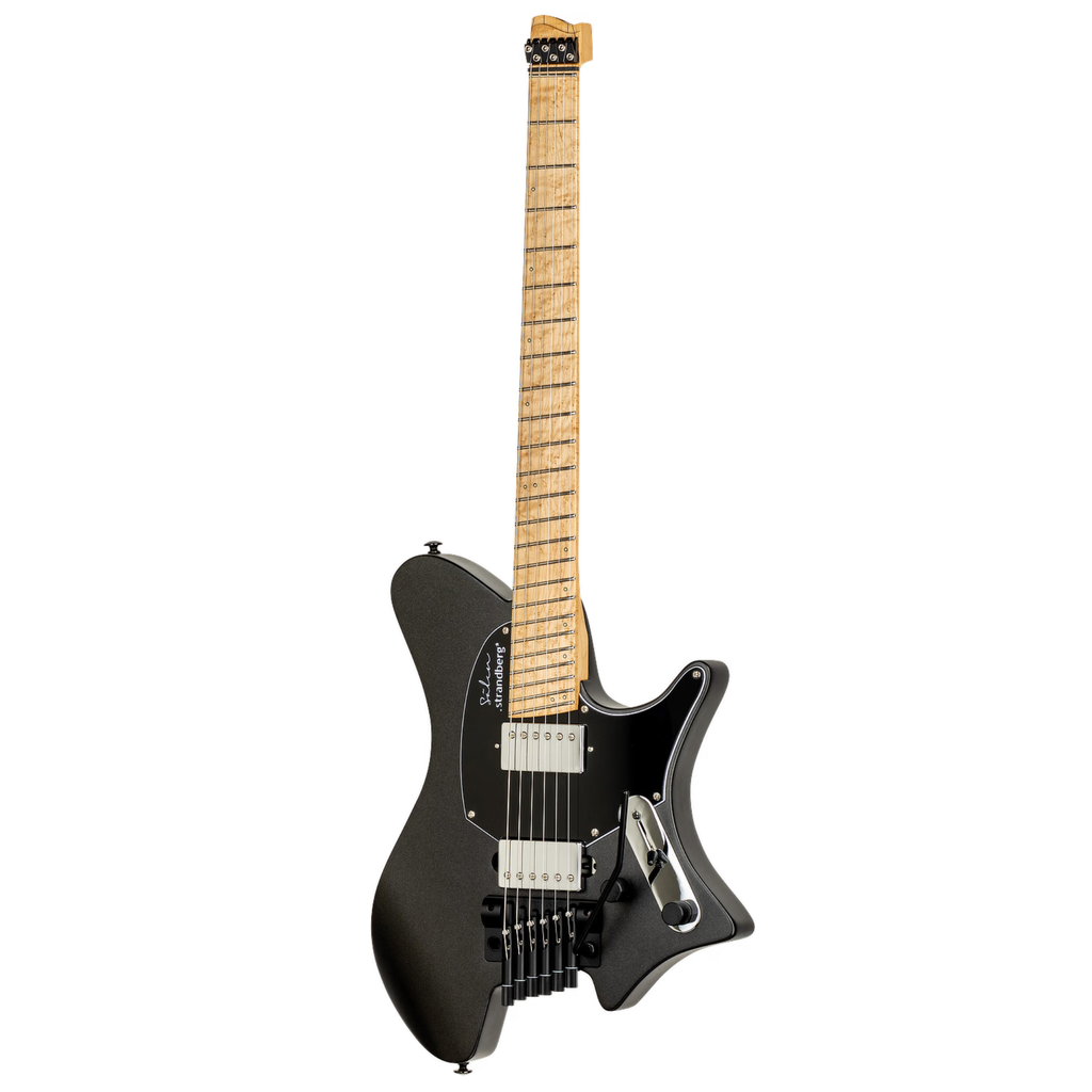 Black Strandberg Salen Classic 6 tremolo electric guitar with sleek body and modern design, featuring a distinctive headstock and hardware.