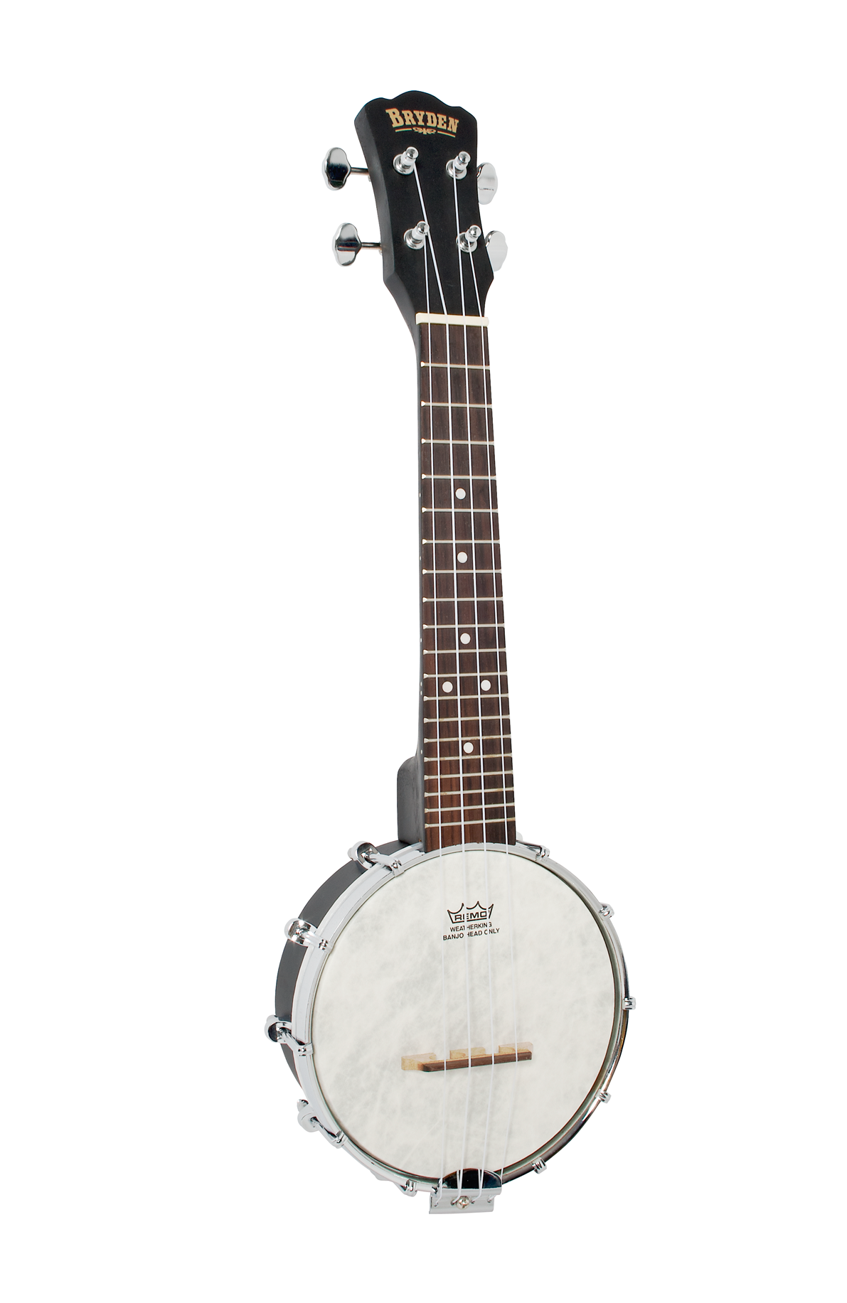 Bryden open back banjo ukulele with wooden body and four strings, featuring a natural finish and traditional design.