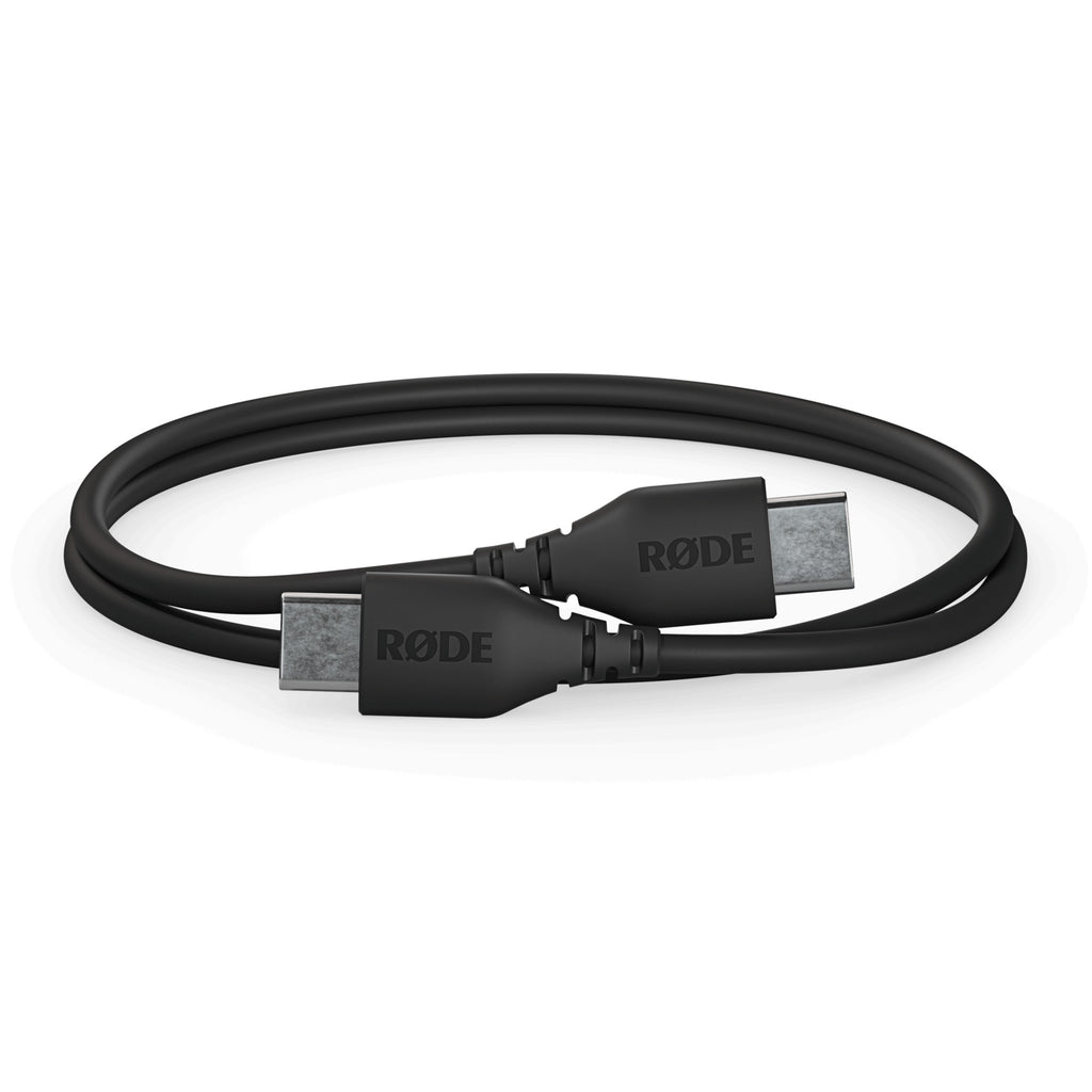 RODE USB-C to USB-C 30cm data cable showing connectors and cable length for device connection and charging.
