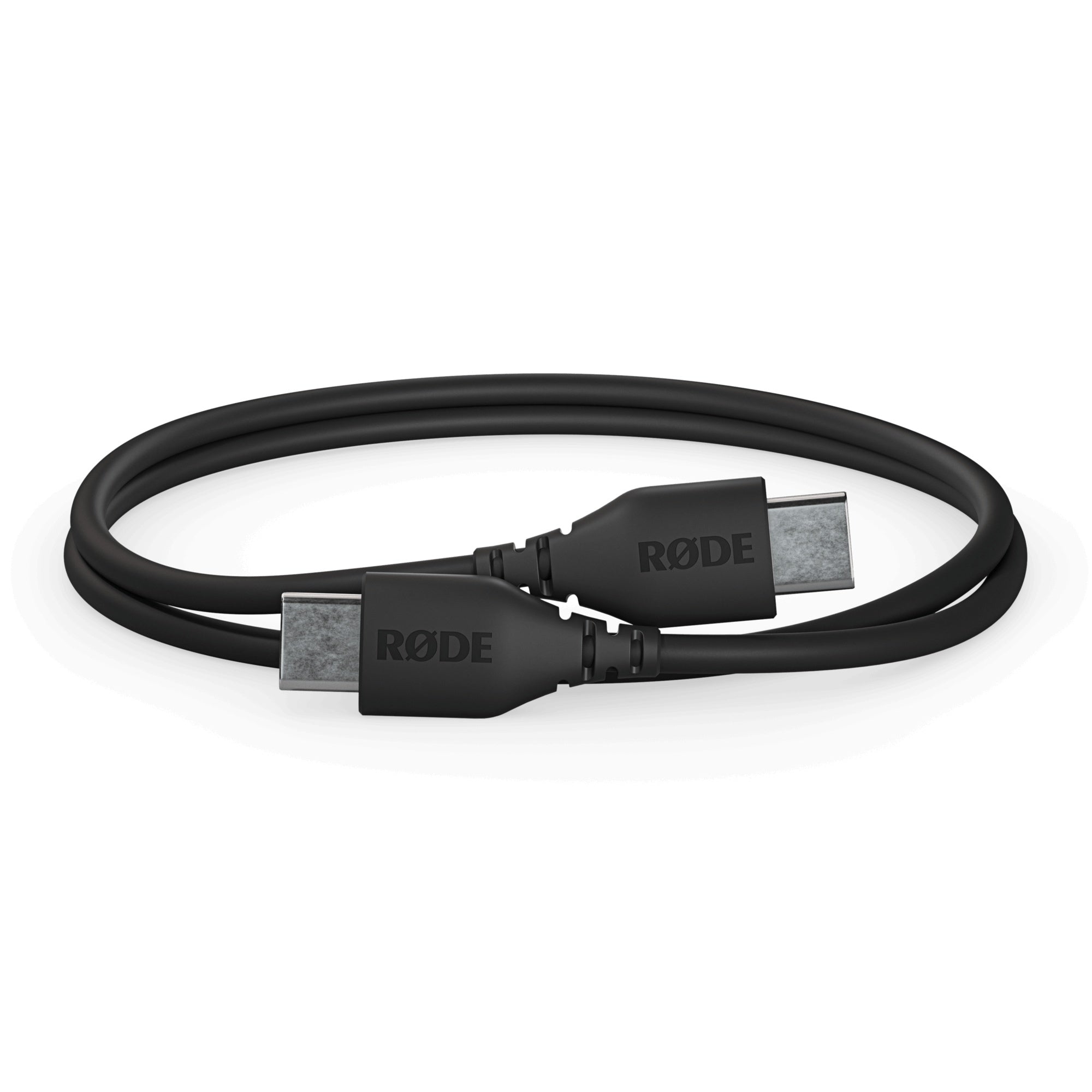 RODE USB-C to USB-C 30cm data cable showing connectors and cable length for device connection and charging.