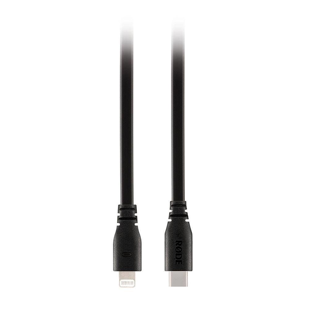 RODE USB-C to Lightning data cable in black, 1.5 meters, shown connected with Apple devices for charging and data transfer.