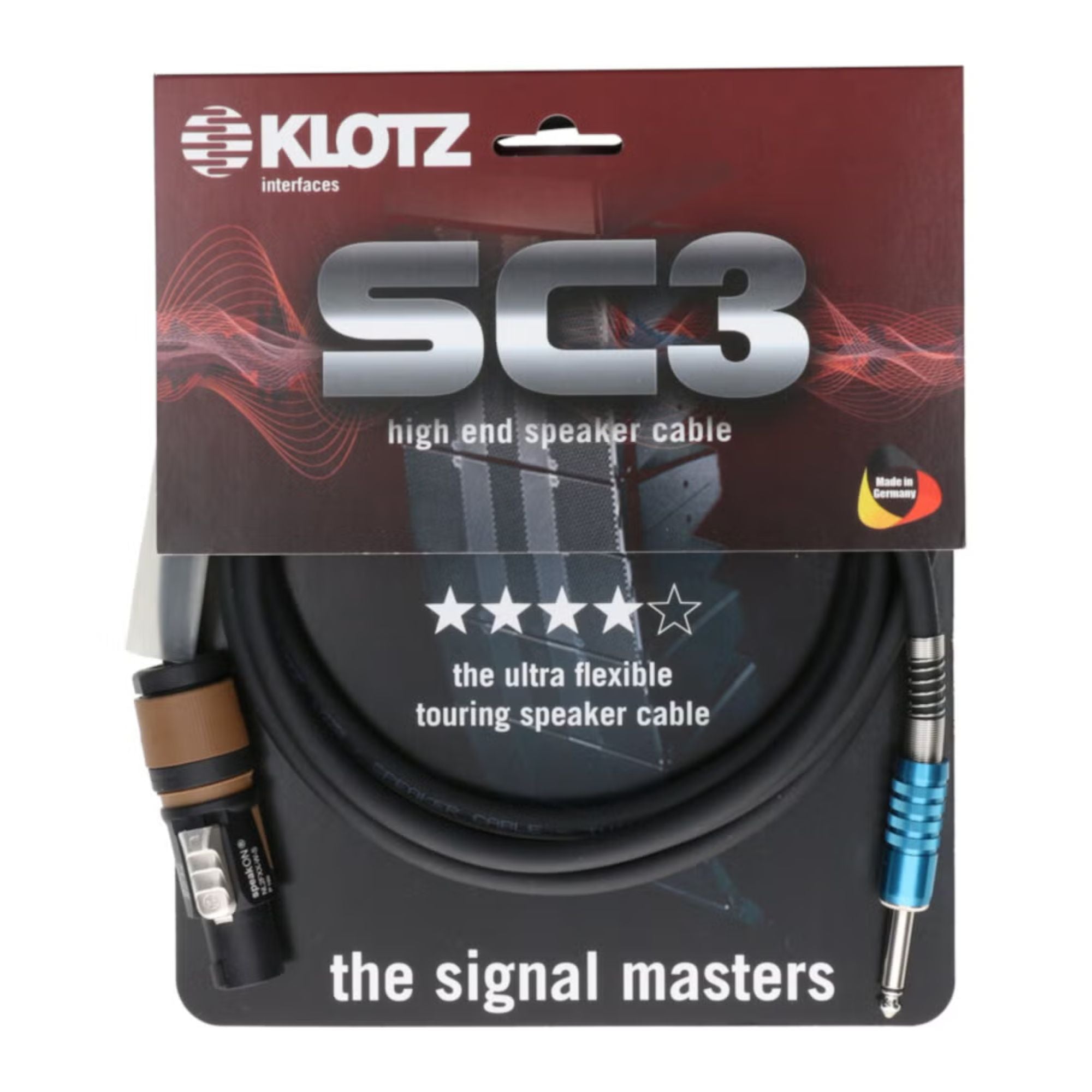 Klotz guitar lead with 1m Speakon speaker cable, featuring Neutrik connector for professional audio and instrument connections.