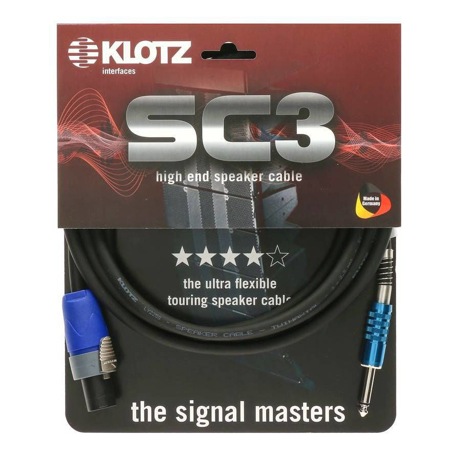 Klotz SC3 high-end speaker cable with Neutrik Speakon connector to Klotz jack, 1 meter long, for guitar speaker connections.