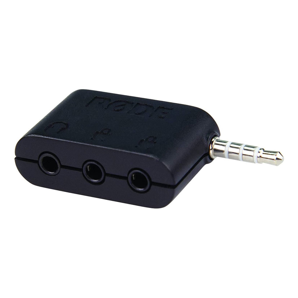 RODE SC6 dual TRRS input and headphone out adapter for SmartLav microphone accessories, shown connected to a smartphone.
