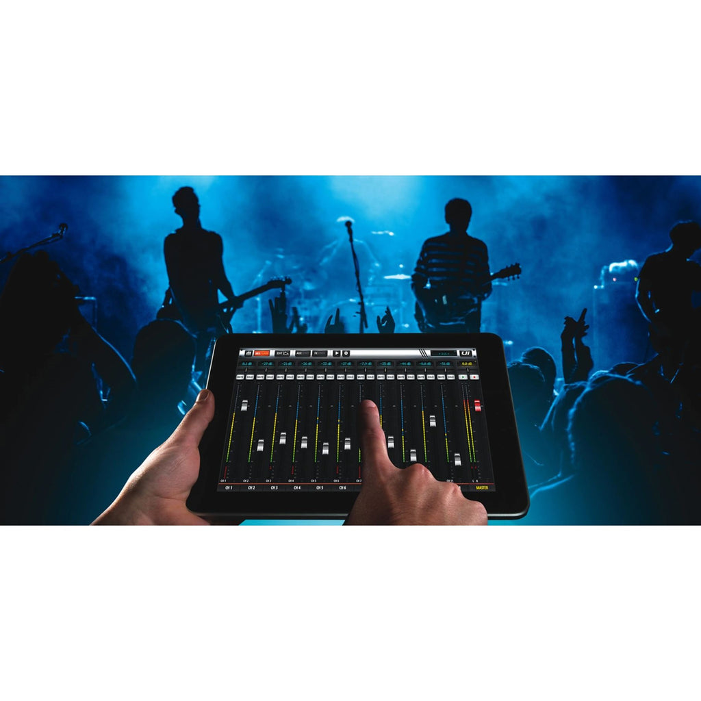 Soundcraft Ui16 16-channel digital mixer with wireless control, featuring multiple input channels and a sleek digital interface.