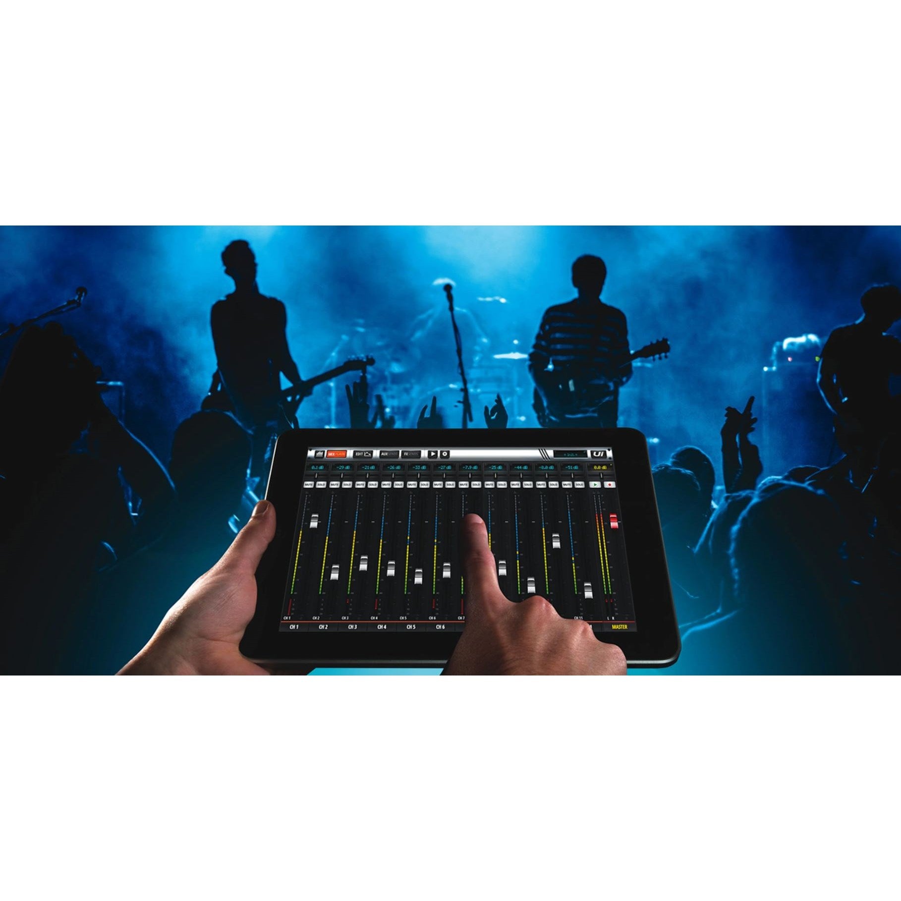 Soundcraft Ui16 16-channel digital mixer with wireless control, featuring multiple input channels and a sleek digital interface.