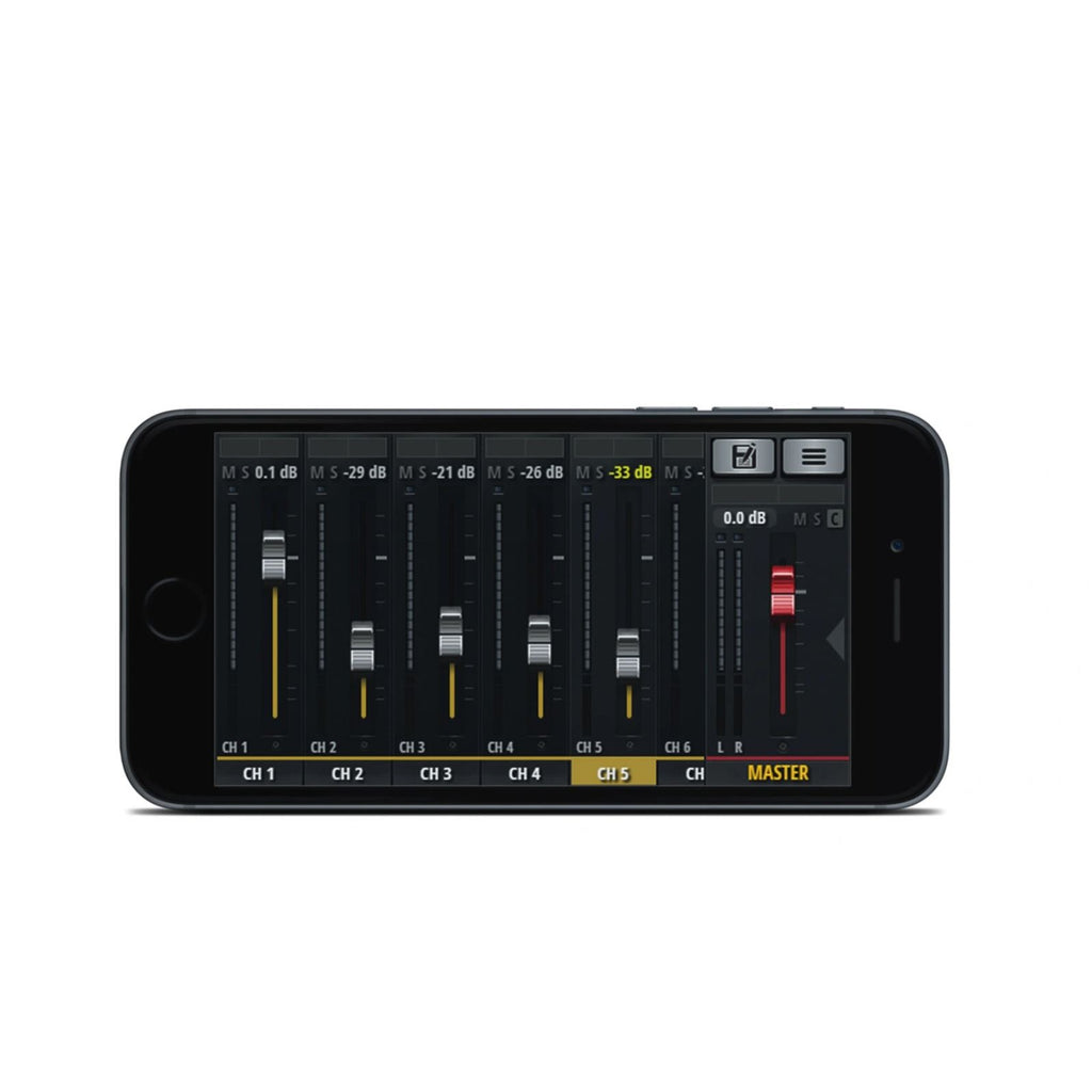 Soundcraft Ui16 16-channel digital mixer with wireless control, showing front panel and control interface on a rack-mounted unit.