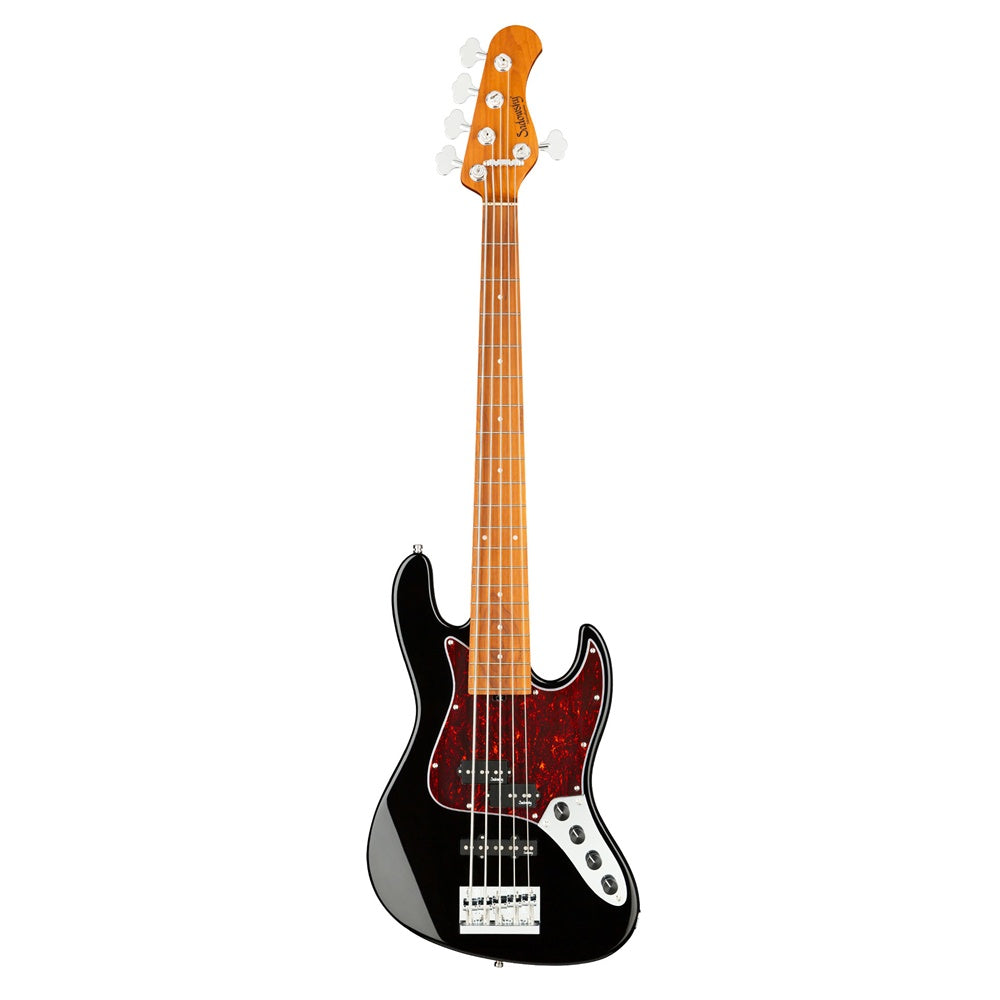 Sadowsky Hybrid PJ 5-string bass guitar with maple neck in solid black high polish, showcasing sleek body and hardware details.