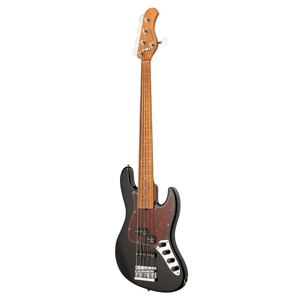 Sadowsky Hybrid PJ 5-string bass guitar with maple neck in solid black high polish, showcasing its sleek finish and design.