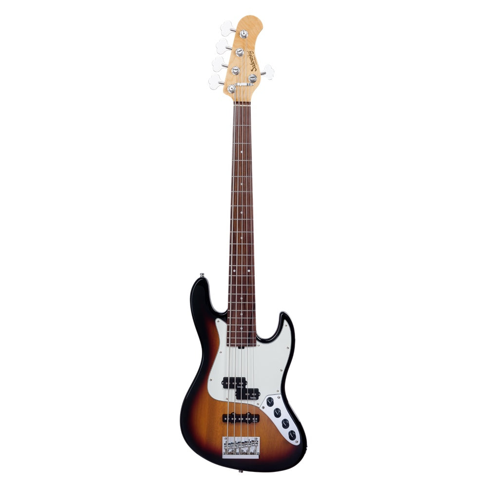Sadowsky Metro Express 21-fret hybrid P/J 5-string bass guitar in vintage sunburst high polish finish, showing the body and neck.