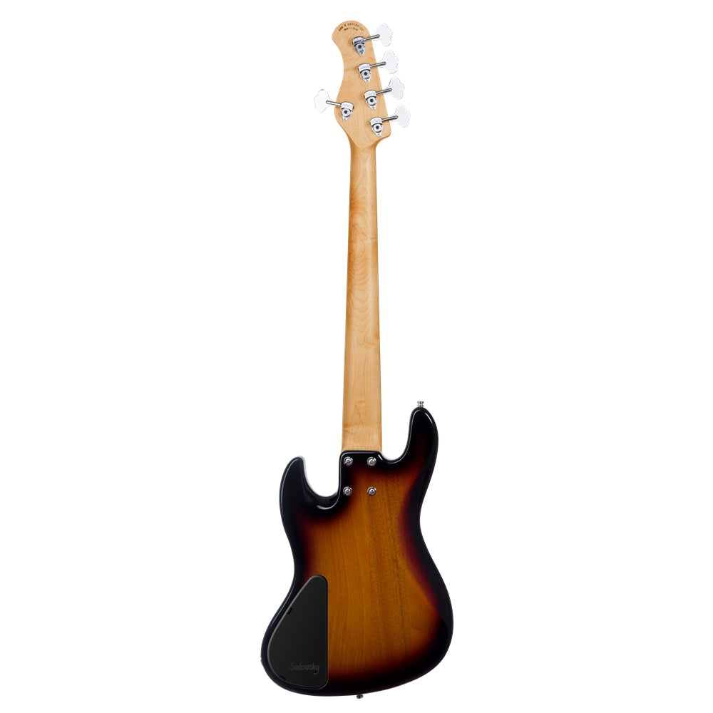 Sadowsky Metro Express 21-fret hybrid P/J 5-string bass guitar in vintage sunburst high polish finish, with detailed wood grain.