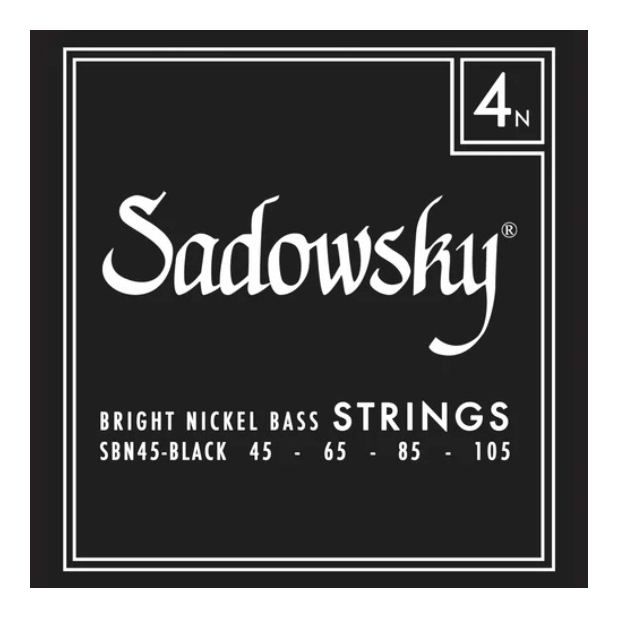 Sadowsky Black Label 4-string bass strings with nickel winding, featuring a 45-105 gauge in a product image.