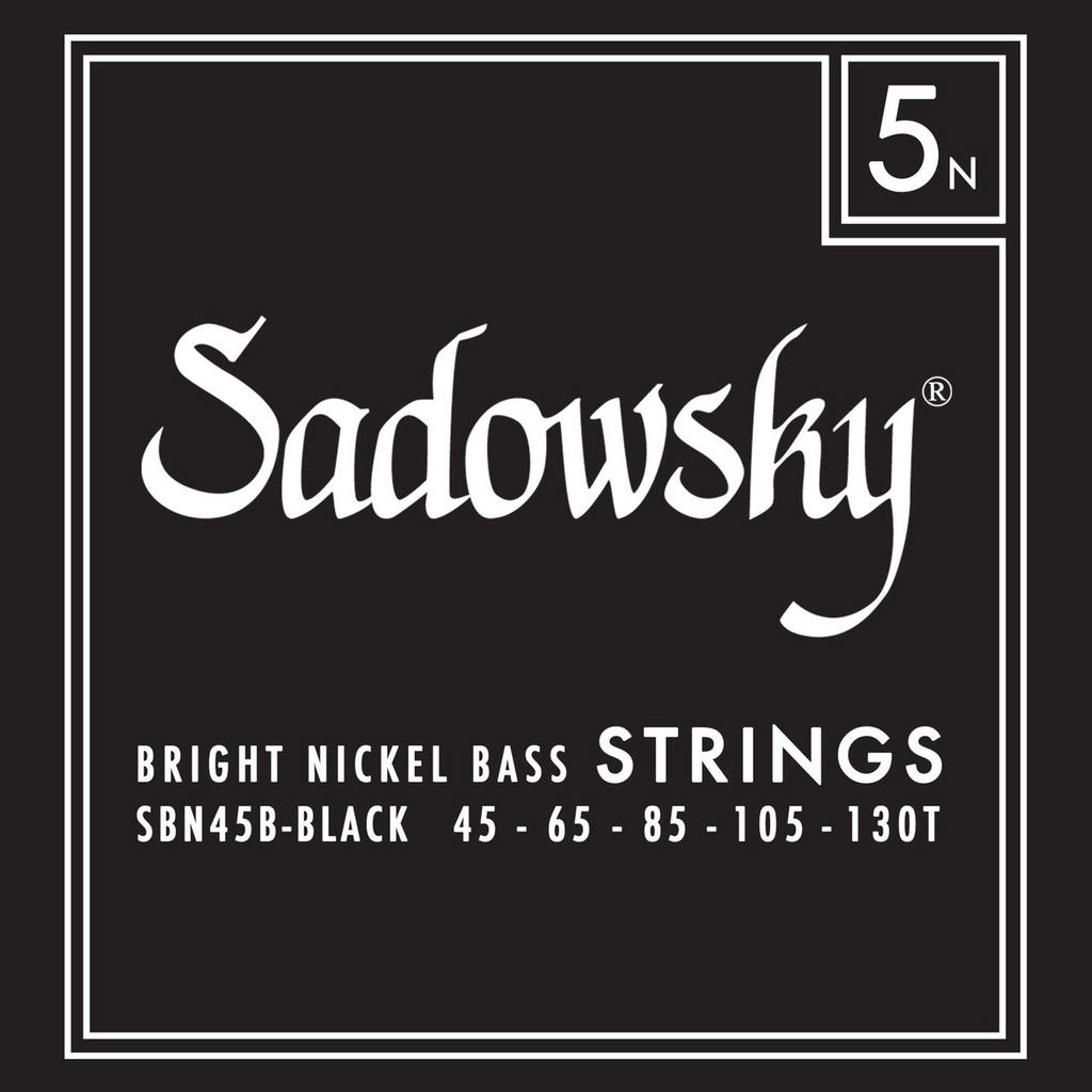 Sadowsky Black Label 5-string bass strings with nickel wound, showing close-up of the 45-130 gauge set on the packaging.