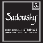 Sadowsky Black Label 5-string bass strings with nickel wound, showing close-up of the 45-130 gauge set on the packaging.