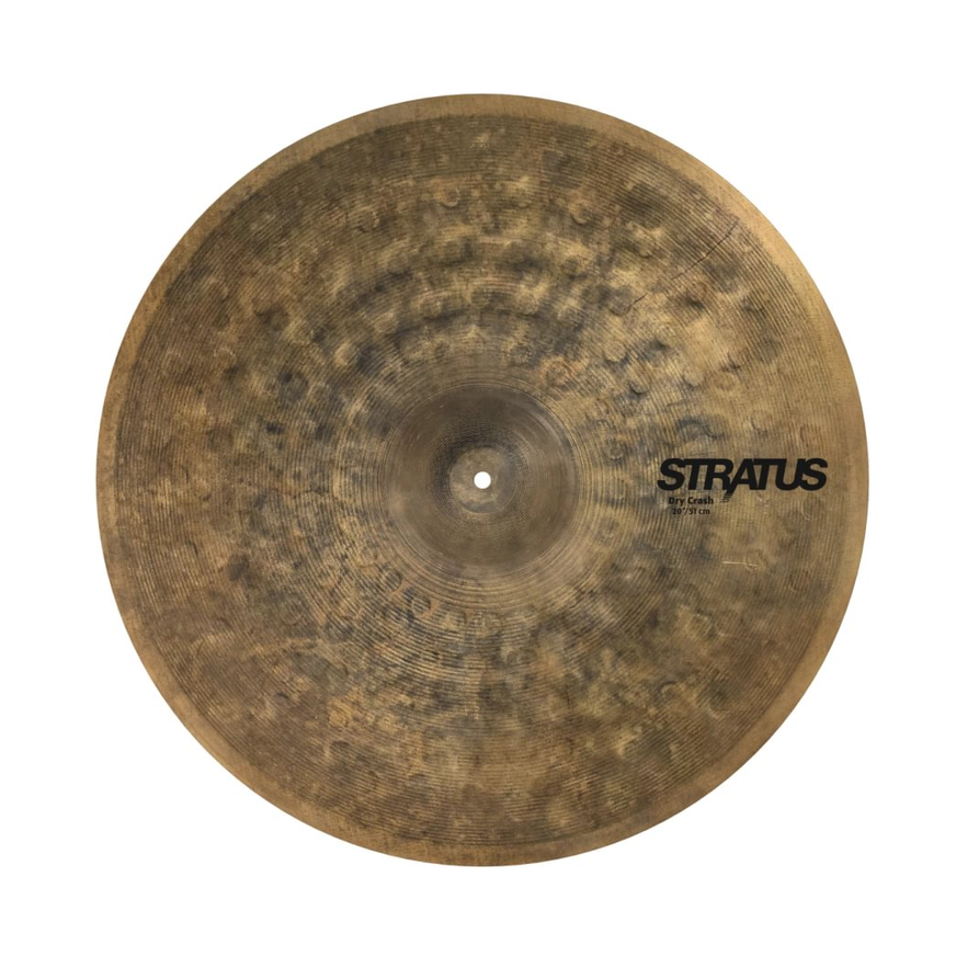 Sabian SD2006 20-inch Stratus Dry Crash cymbal showing a textured, dark finish with intricate hammering and branding detail.