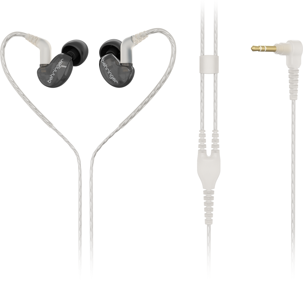 Behringer SD251-CK Pro in-ear studio headphones in black with ergonomic design and cable connectors visible.