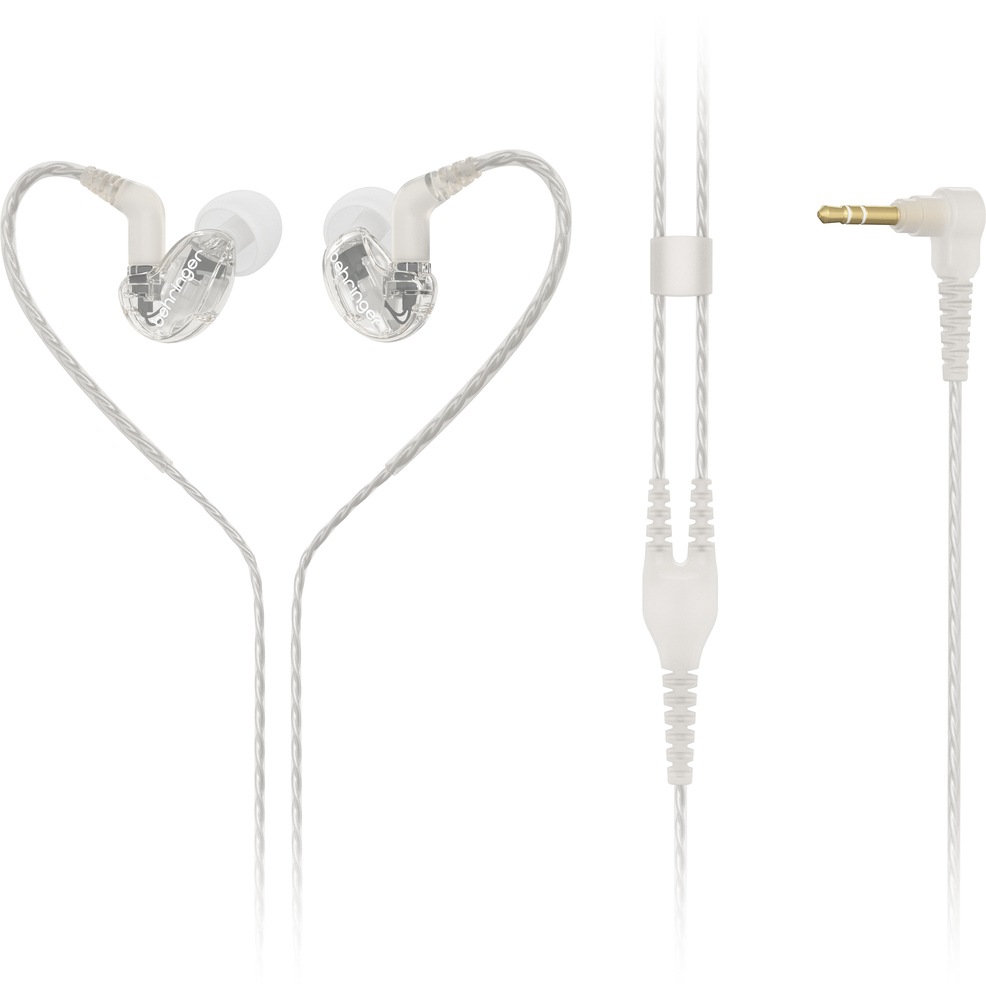 Behringer SD251-CL Pro in-ear studio headphones with clear earphones and sleek black design, ideal for professional audio monitoring.