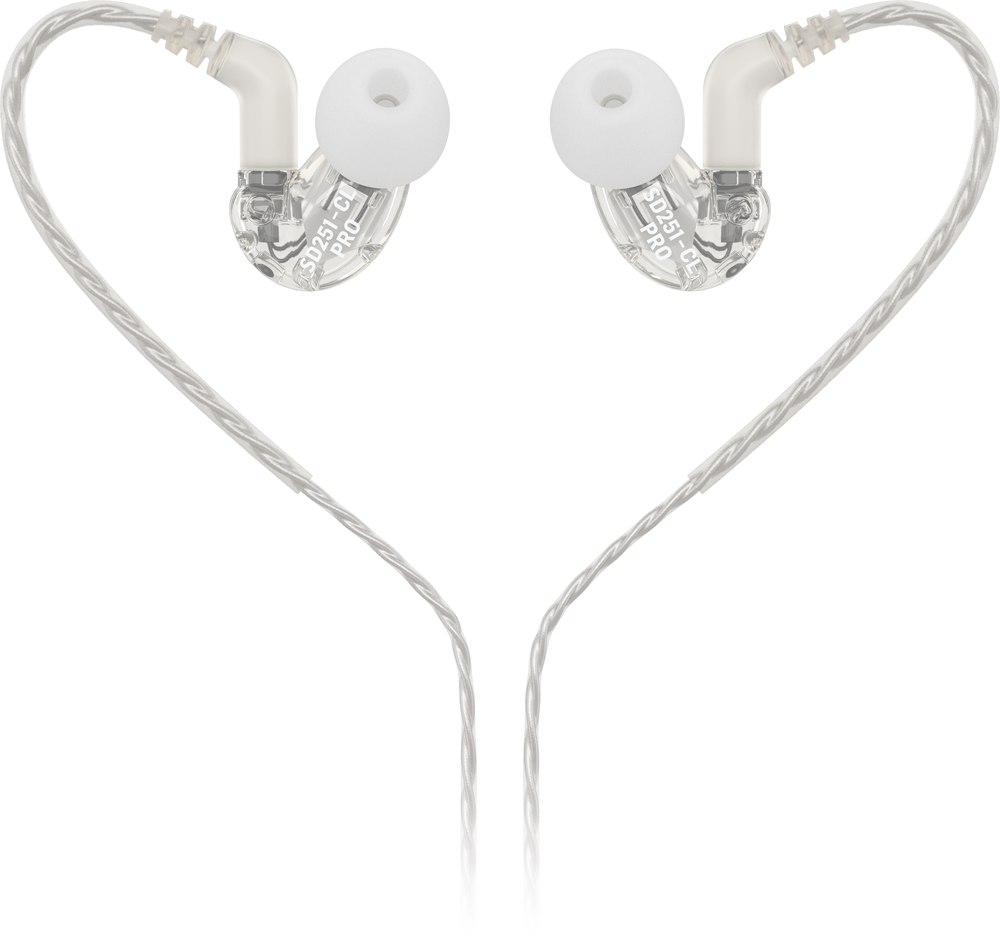 Behringer SD251-CL Pro in-ear studio earphones with clear silicone tips, compact design, and in-line remote for high-quality audio.