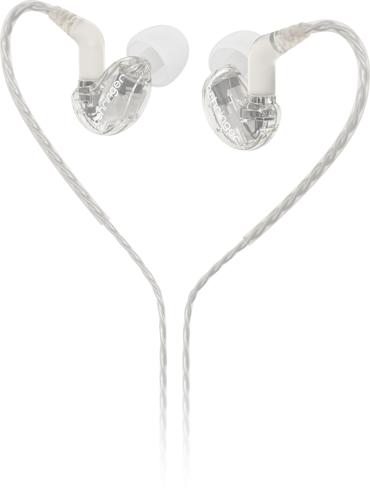 Behringer SD251-CL Pro in-ear studio earphones with clear ear tips and sleek black design for professional audio monitoring.