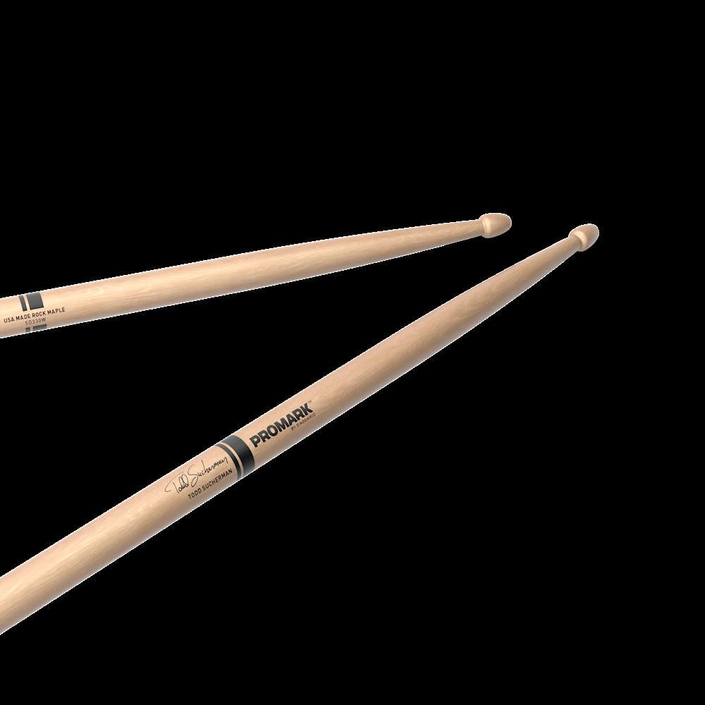 ProMark SD330W Todd Sucherman maple wood tip drumsticks showing the length and detailed wood grain on the tips.