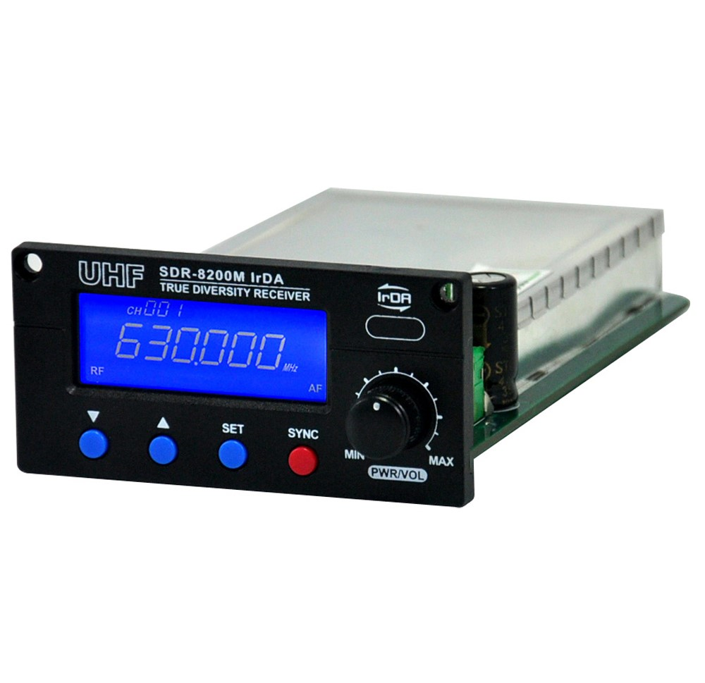 Chiayo SDR8200M-5B wireless microphone receiver with LCD display and control buttons, designed for professional audio setups.