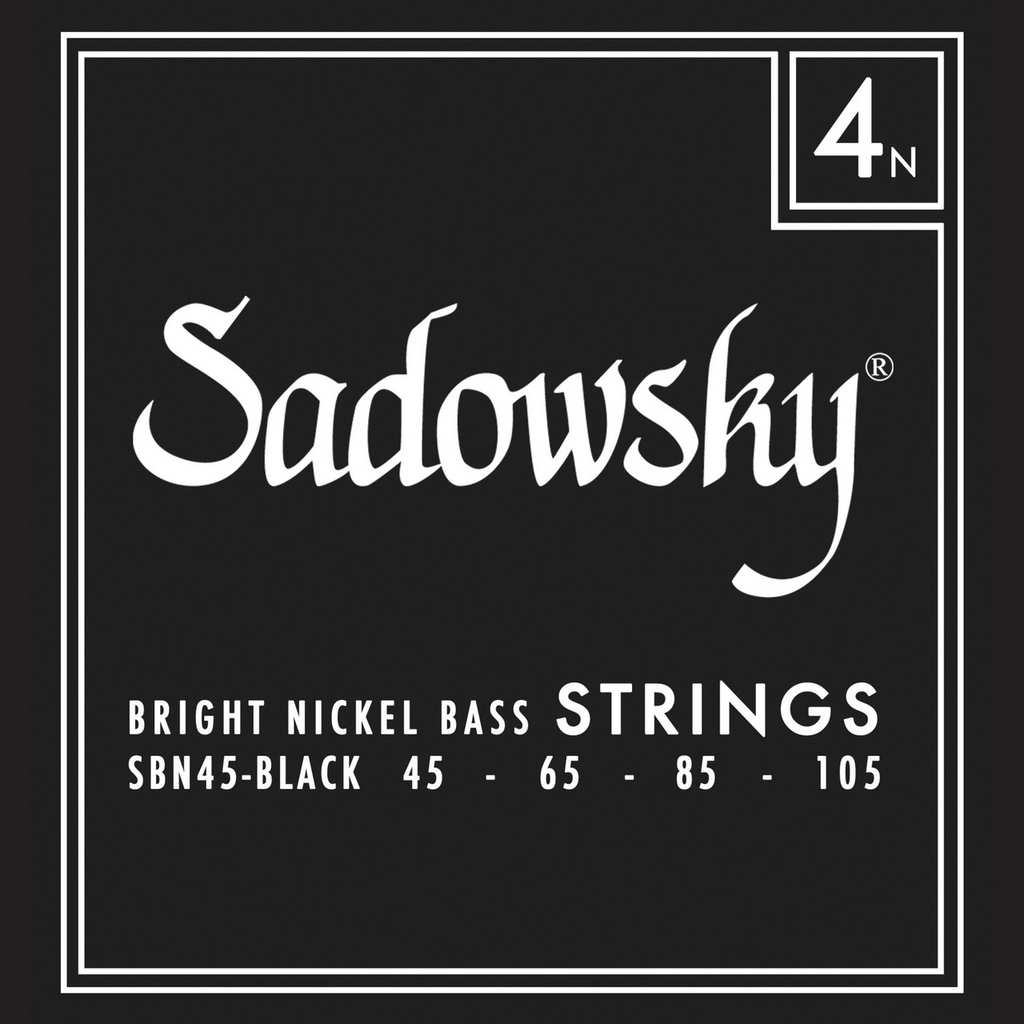 Sadowsky Black Label 4-string bass guitar strings with nickel wound, showing the set of four strings labeled 45-105.