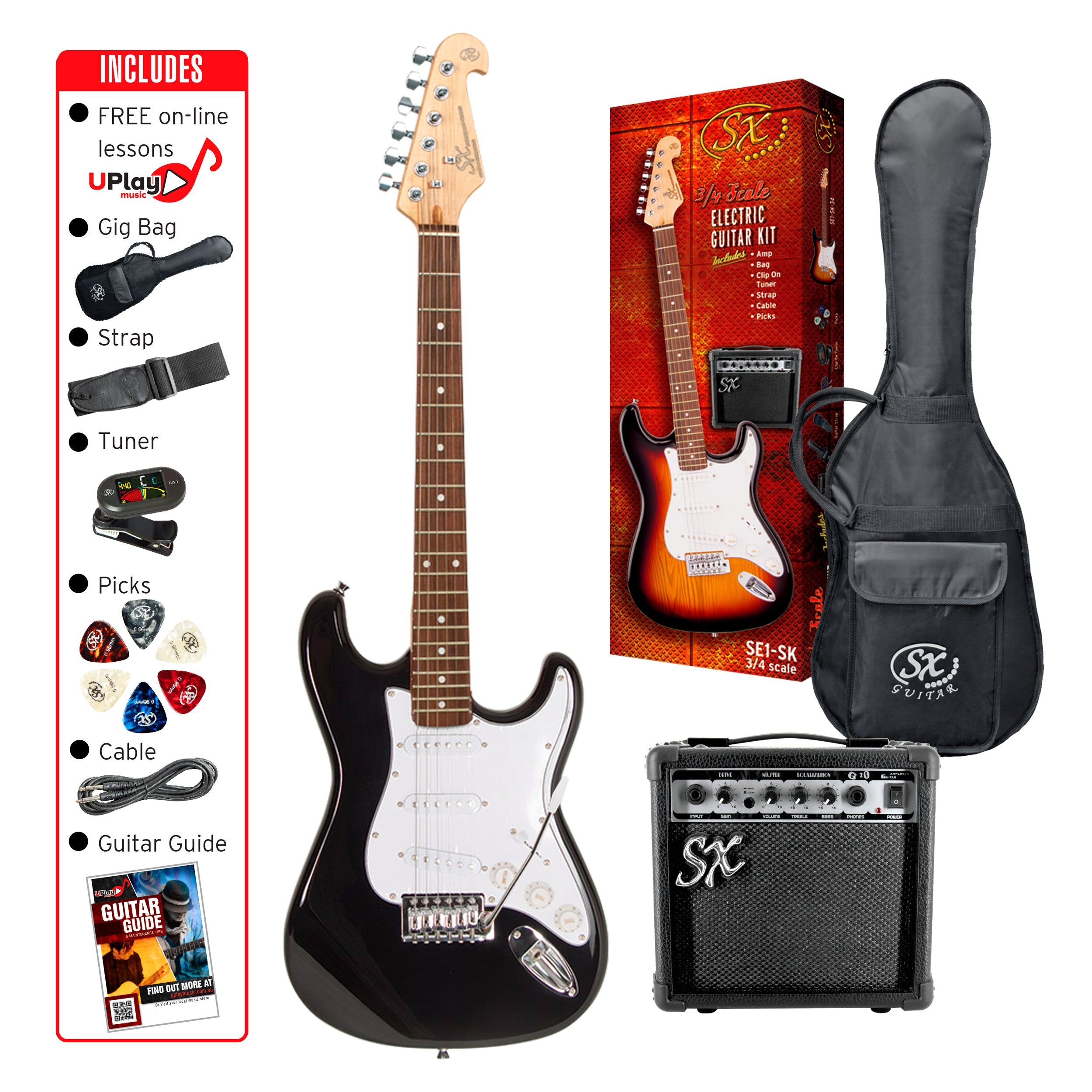 SX ST Style 3/4 size Electric Guitar Pack with Amplifier in Black
