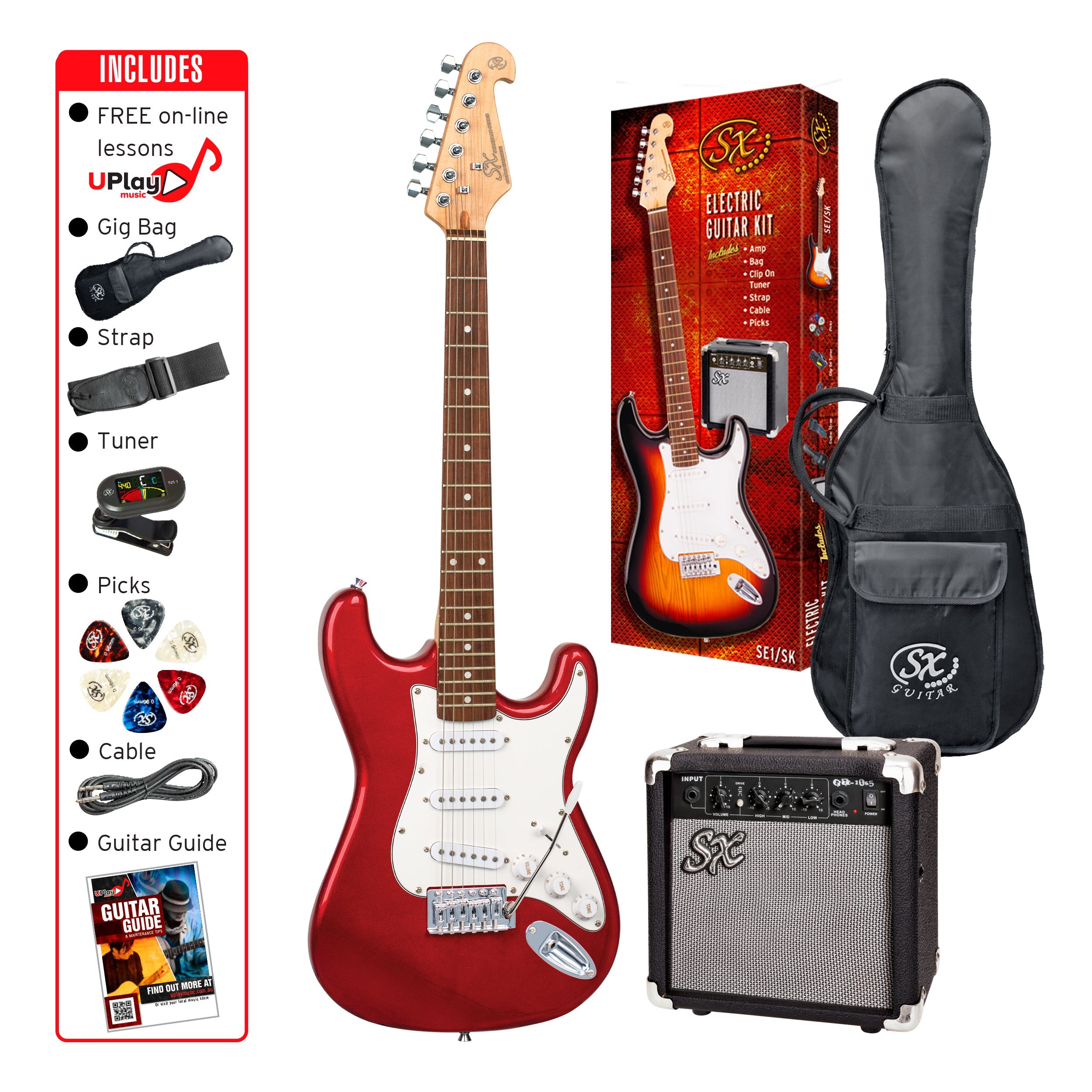 SX Essex ST Style Full Size Electric Guitar in Candy Apple Red & Amp Pack