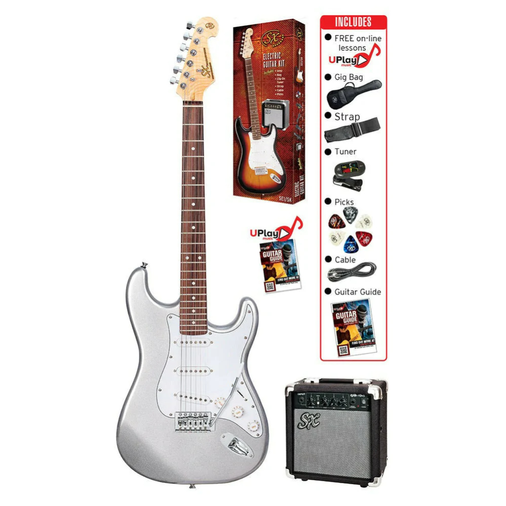 SX ST Style Electric Guitar and Amplifier Pack in Metallic Silver